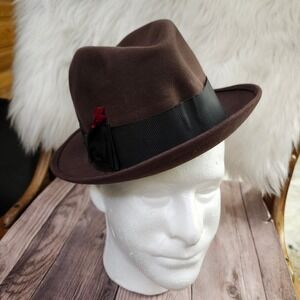 Alexander Customized Vintage Brown Felt Fedora Hat Black Band Red Feather 6 7/8